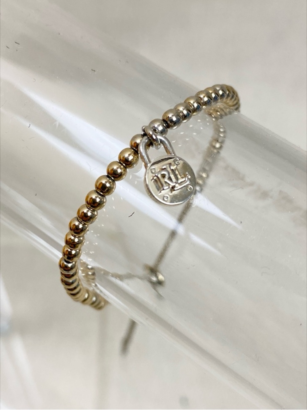 Silver Tone Bead Bracelet with Lock Charm Ralph Lauren Slide Clasp Jewelry